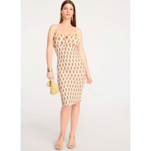 J.Crew Women's Smocked Linen Midi Dress Gathered Floral Block Orange Sz 12 NEW - Picture 1 of 9